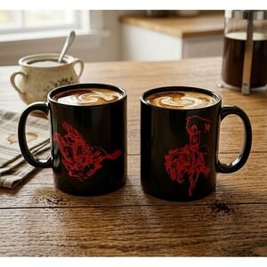 Marlboro Cowboy Rodeo Mugs, Black / Red, Ceramic, 10 Oz, Vintage Promo, Set of 2